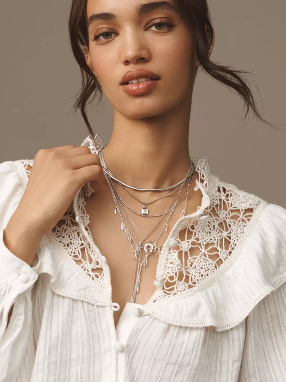 Pilcro Ivory Crochet M lace Yoke Ruffle-Trim Button Front Blouse